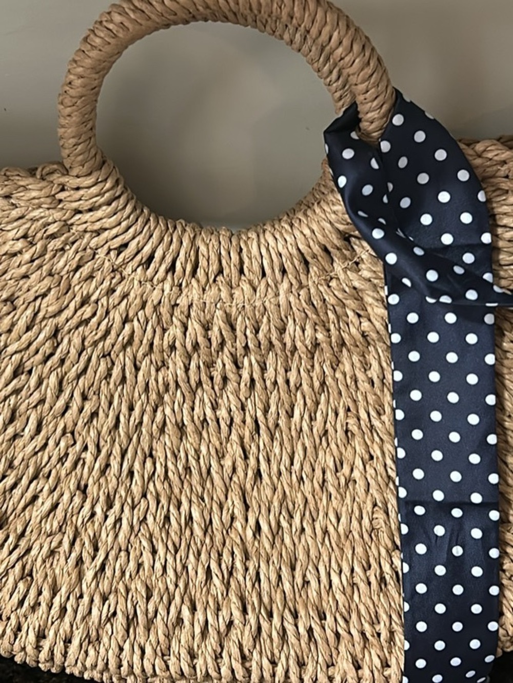 Woven Straw Circle Handle Tote with Polka Dot Scarf - Natural